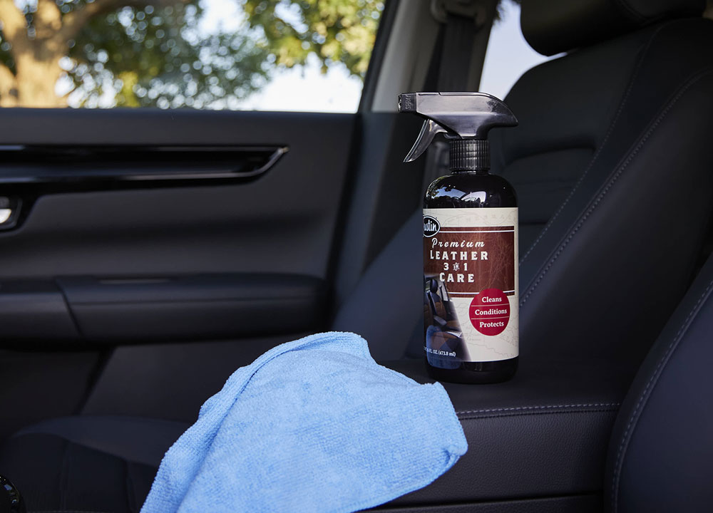 Justin Leather car seat cleaner in a vehicle with leather seats.